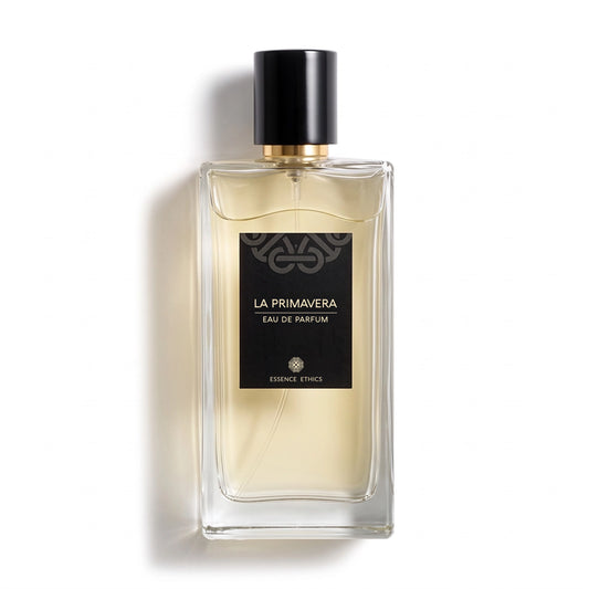 La Primavera Eau de Parfum by ESSENCE ETHICS in a clear glass bottle with a black label and cap on a white background.