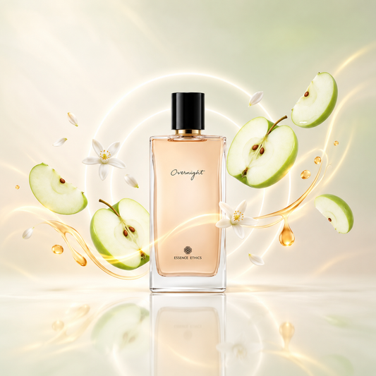 Overnight perfume by ESSENCE ETHICS surrounded by green apple slices, white flowers, and golden swirls.
