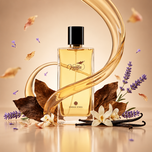 Vanilla Coffee perfume by ESSENCE ETHICS surrounded by vanilla flowers, vanilla pods, lavender, dried leaves, and a golden swirl.