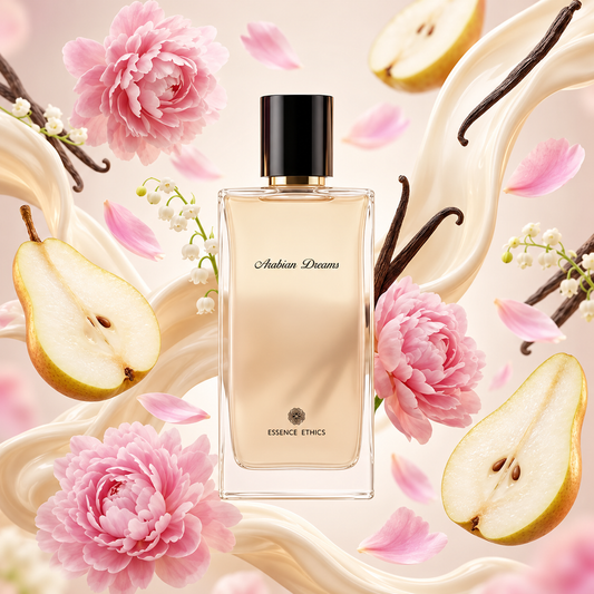 Arabian Dreams perfume by ESSENCE ETHICS surrounded by pear slices, pink peonies, lily of the valley, vanilla pods, and creamy swirls.