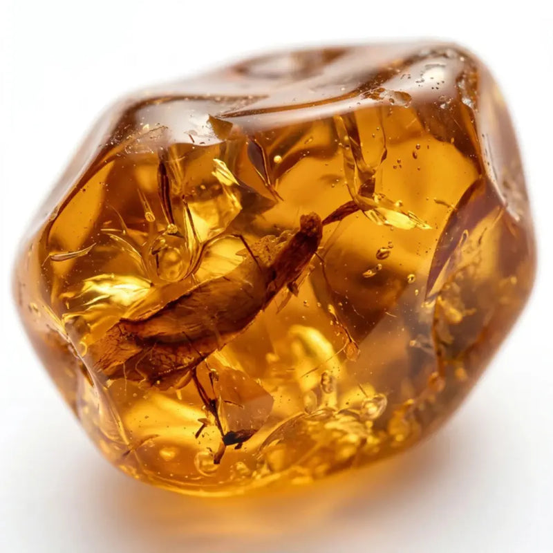 Amber stone fragrance note with embedded insect  on a white background