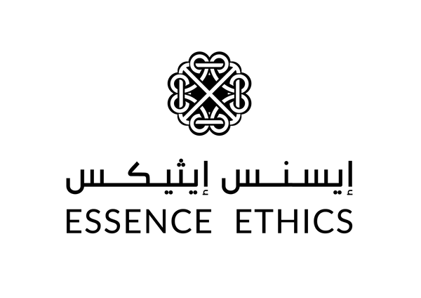 The logo for Essence Ethics, featuring a black geometric emblem above the Arabic text  and the English text 'ESSENCE ETHICS' in black on a solid white background.