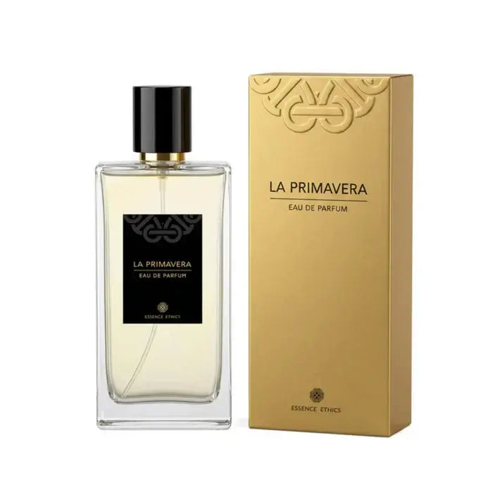 La Primavera Eau de Parfum bottle and gold box on a white background