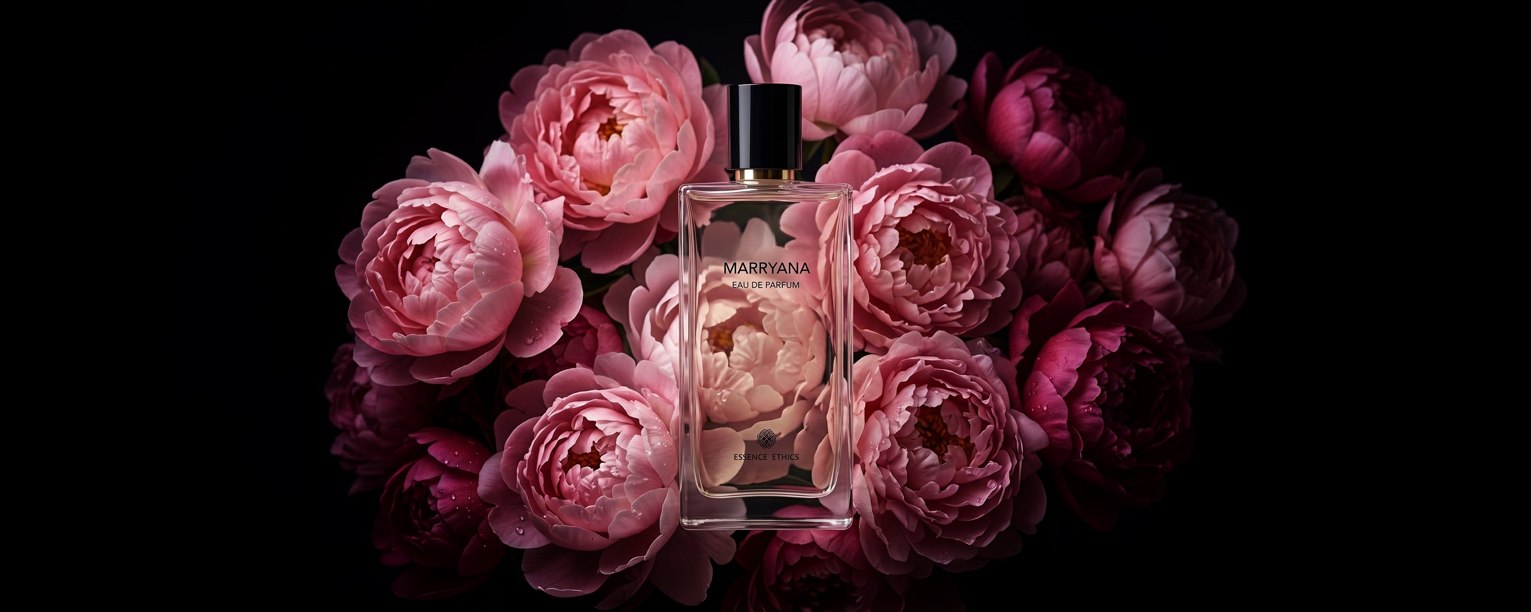 Marryana Eau de Parfum by ESSENCE ETHICS surrounded by elegant pink peony flowers against a luxurious black background.