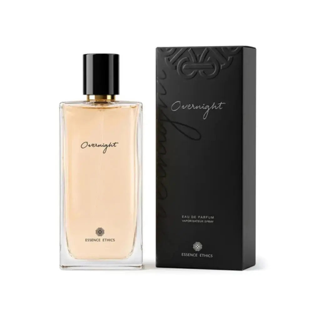 Perfume bottle and packaging of 'Overnight' by Essence Ethics on a white background