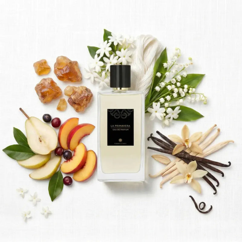Perfume bottle with fragrance note fruits, flowers, and vanilla beans on a white background