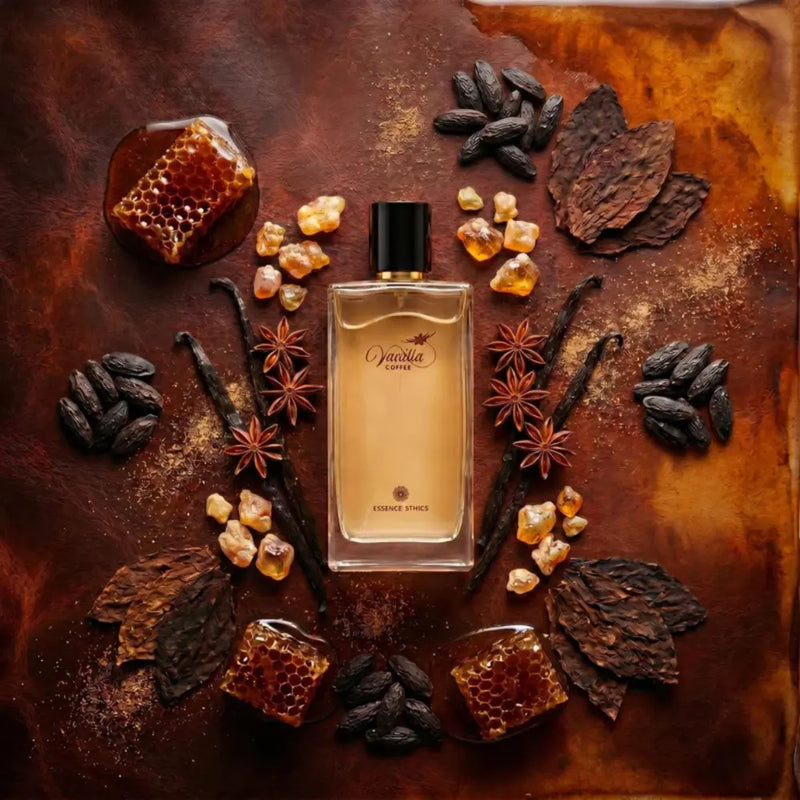 Perfume bottle with spices and honeycomb on a textured brown background