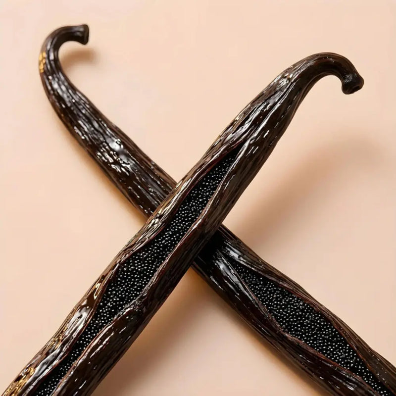 Two vanilla beans crossing each other on a beige background fragrance note