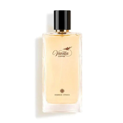 Vanilla coffee perfume bottle with black cap on a white background