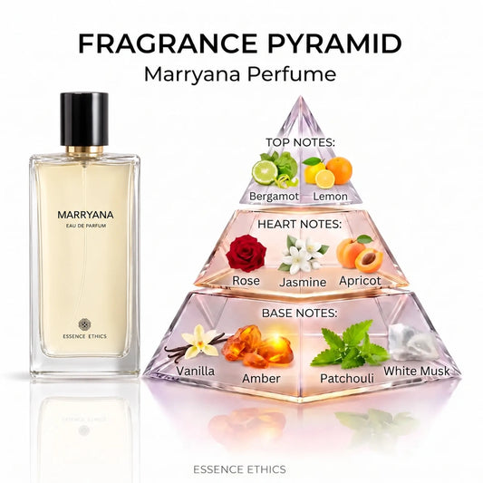 Marryana fragrance pyramid by ESSENCE ETHICS: bergamot and lemon top notes; rose, jasmine and apricot heart notes; vanilla, amber, patchouli and white musk base notes.