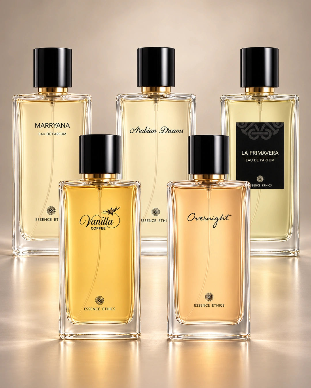 ESSENCE ETHICS perfume collection featuring Marryana, Arabian Dreams, La Primavera, Vanilla Coffee and Overnight against a warm beige background.