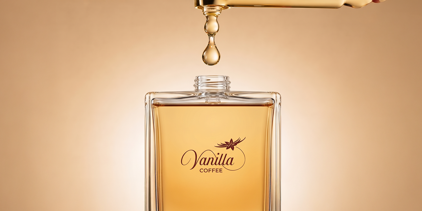 Vanilla Coffee perfume by ESSENCE ETHICS with golden fragrance liquid and a suspended droplet against a warm beige background.