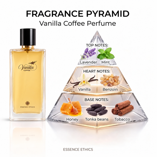 Vanilla Coffee fragrance pyramid by ESSENCE ETHICS: lavender and mint top notes, vanilla and benzoin heart notes, and honey, tonka bean and tobacco base notes.