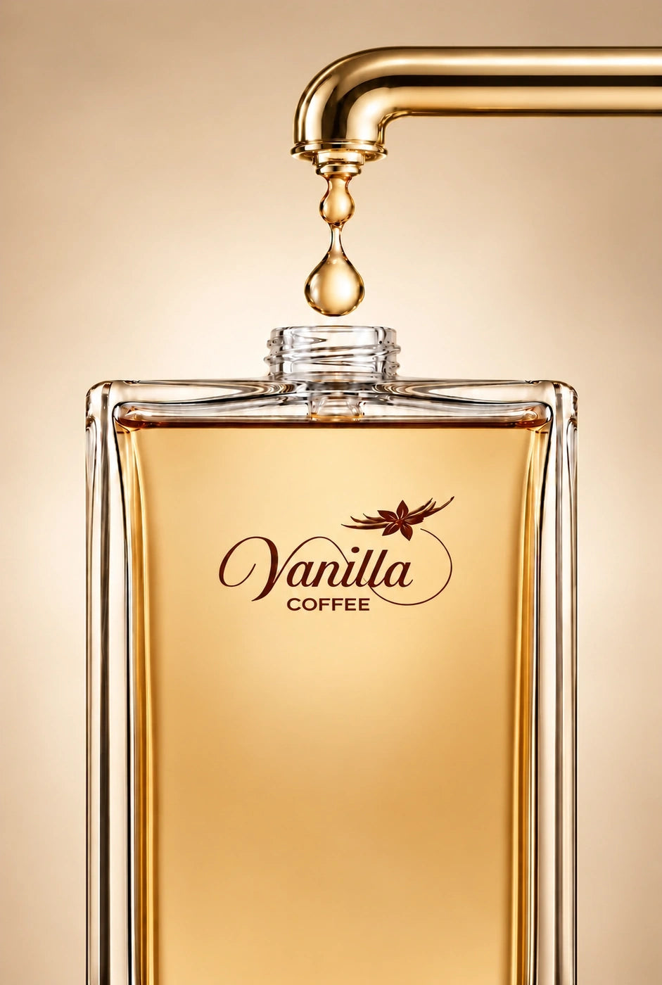 Vanilla Coffee perfume by ESSENCE ETHICS beneath a golden spout releasing amber drops into the open bottle against a warm gold background.